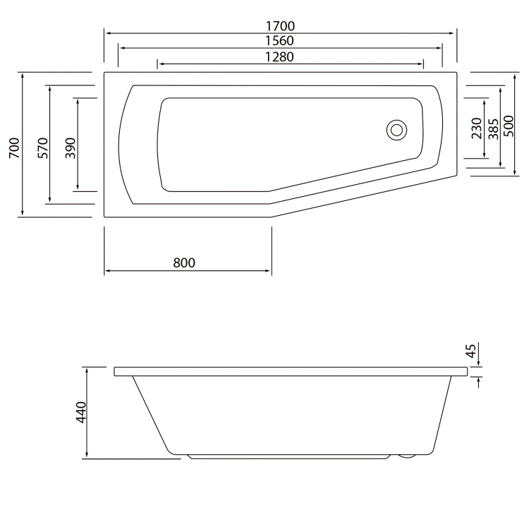 Rysunek techniczny - OPAVA wanna 170x70x44cm, lewa, biały