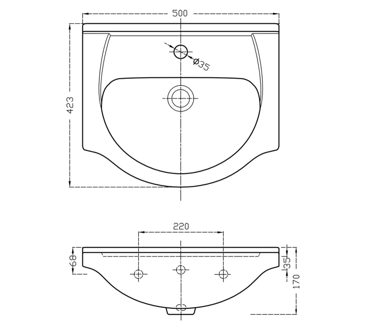Rysunek techniczny - SIMPLEX ECO 50 szafka podumywalkowa z umywalką 47x83,5x29cm