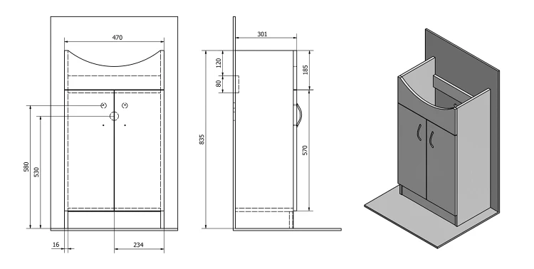 Rysunek techniczny - SIMPLEX ECO 50 szafka podumywalkowa z umywalką 47x83,5x29cm #2
