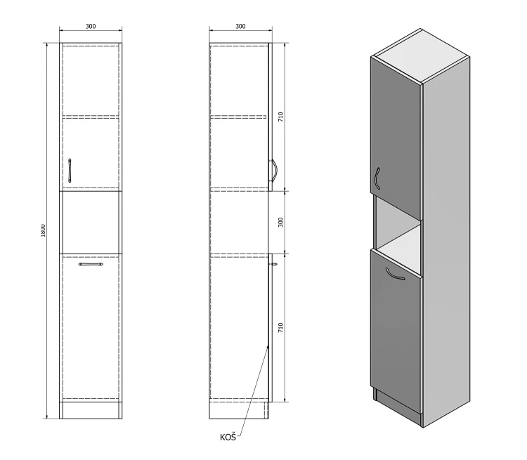 Rysunek techniczny - SIMPLEX ECO szafka wysoka z koszem na bieliznę 30x180x30cm