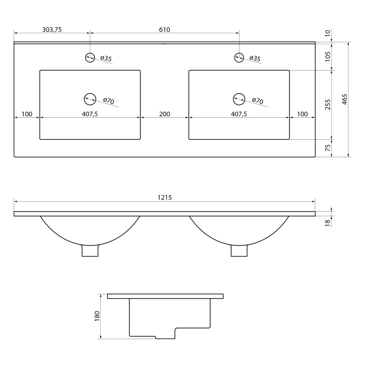 Rysunek techniczny - SLIM podwójna umywalka meblowa 120x46,5cm, biały