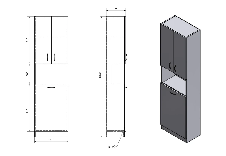 Rysunek techniczny - SIMPLEX ECO szafka wysoka z koszem na bieliznę 50x180x30cm
