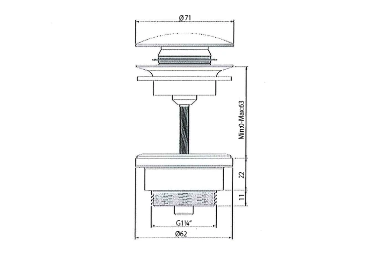 Rysunek techniczny - Korek umywalkowy 5/4'', klik-klak, ceramiczny grzybek, 5-63mm, biały