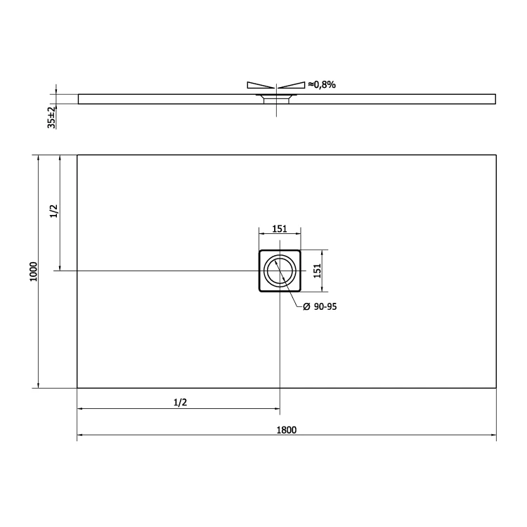 Rysunek techniczny - FLEXIA brodzik kompozytowy z możliwością docinania 180x100cm