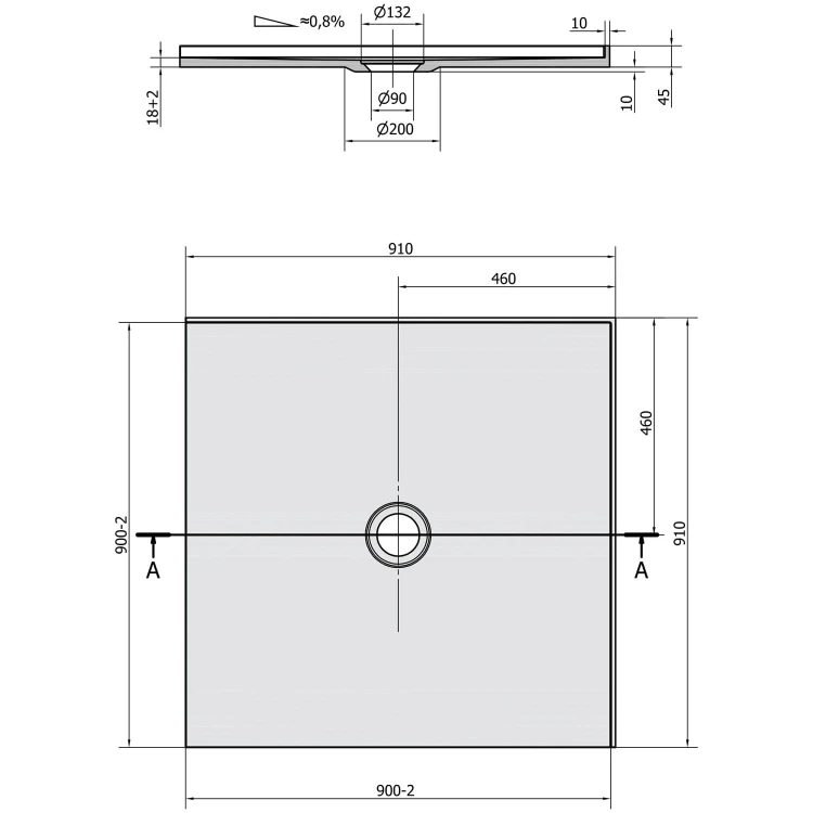 Rysunek techniczny - MIRAI brodzik kompozytowy 90x90x1,8cm, biały