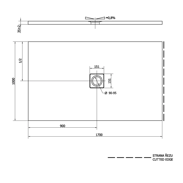 Rysunek techniczny - FLEXIA brodzik kompozytowy z możliwością docinania 170x100cm
