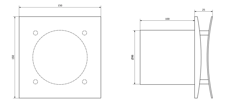 Rysunek techniczny - EIRA wentylator łazienkowy osiowy z wyłącznikiem czasowym, 15W, wylot 100mm, biały