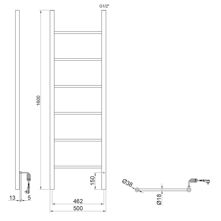 Rysunek techniczny - KARBO elektryczna suszarka na ręczniki, okrągła, 500x1600mm, 120 W, czarny mat