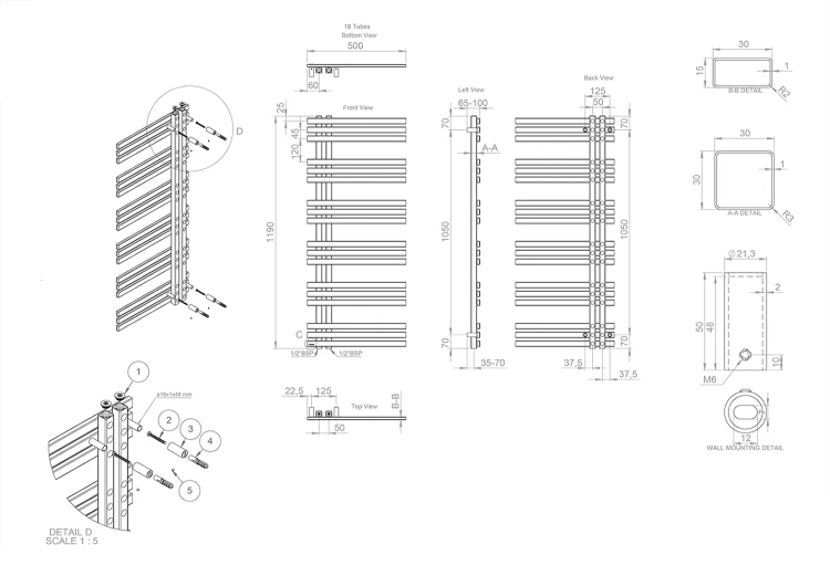 Rysunek techniczny - VISTA grzejnik łazienkowi 500x1190mm, stal nierdzewna mat