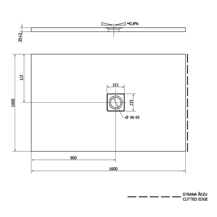 Rysunek techniczny - FLEXIA brodzik kompozytowy z możliwością docinania 160x100cm