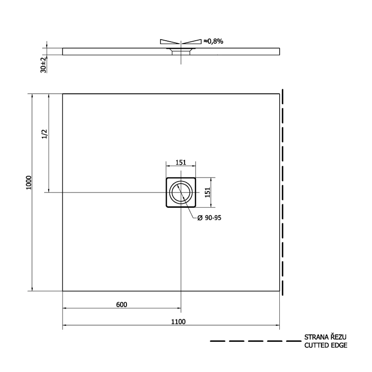 Rysunek techniczny - FLEXIA brodzik kompozytowy z możliwością docinania 110x100cm