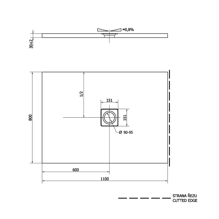 Rysunek techniczny - FLEXIA brodzik kompozytowy z możliwością docinania 110x80cm