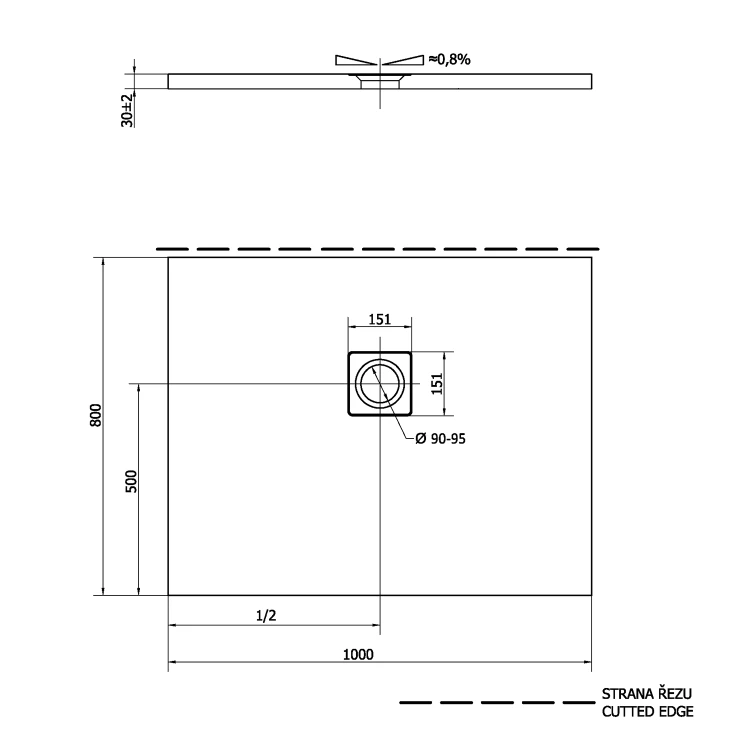 Rysunek techniczny - FLEXIA brodzik kompozytowy z możliwością docinania 100x80cm