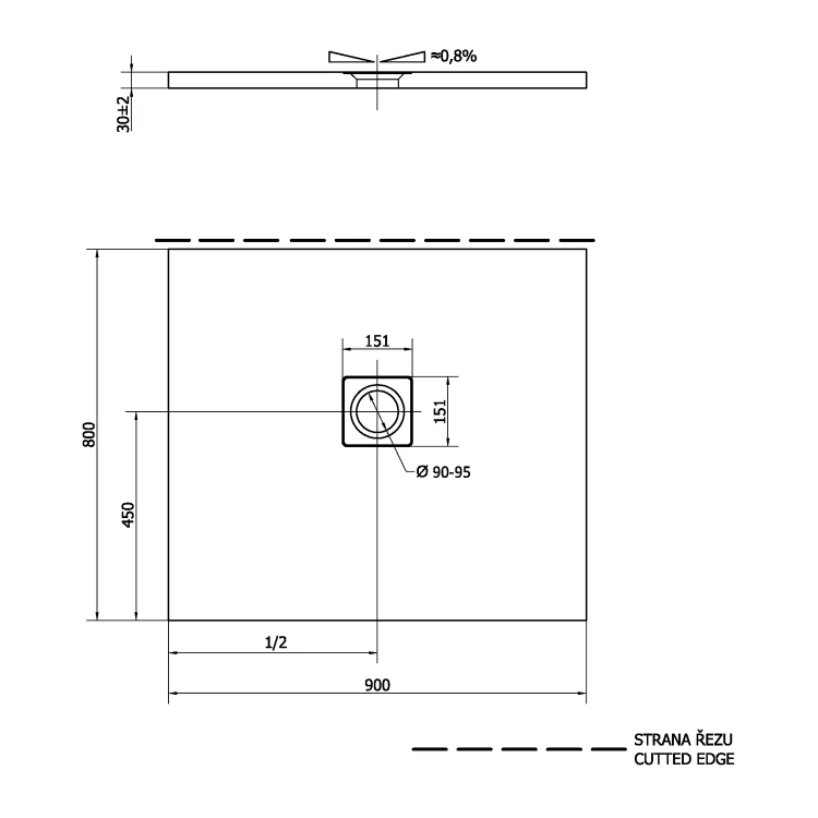 Rysunek techniczny - FLEXIA brodzik kompozytowy z możliwością docinania 90x80cm