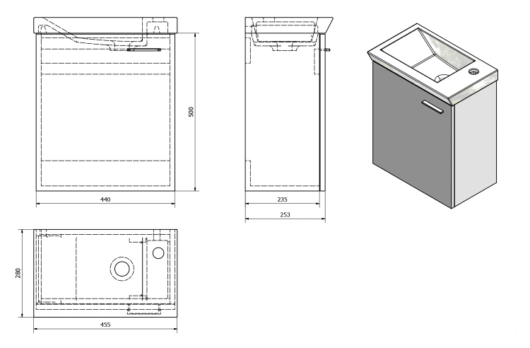 Rysunek techniczny - ZOJA/KERAMIA FRESH szafka umywalkowa 44x50x25,3 cm, dąb platin