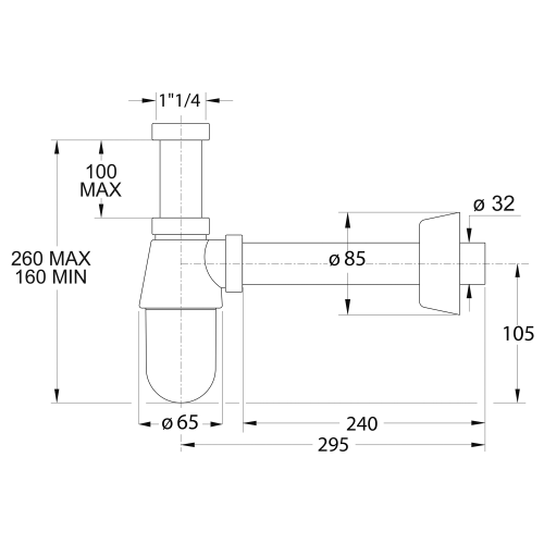Rysunek techniczny - THERMOTRAP syfon umywalkowy, 5/4", odpływ 32mm, ABS/chrom