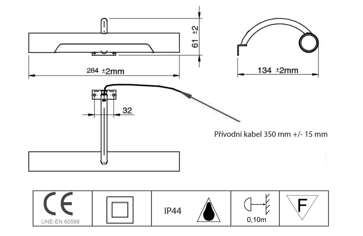 Rysunek techniczny - ANDREA LED oświetlenie ścienne, 5 W, 284x32x134 mm, IP44, chrom