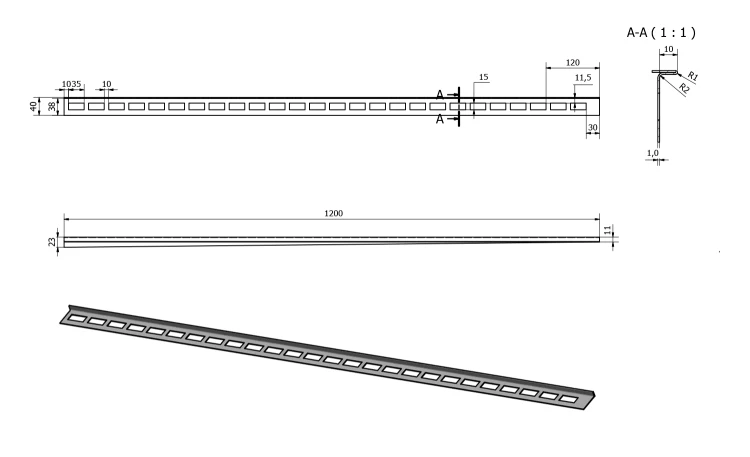 Rysunek techniczny - Listwa spadkowa lewa, wysokość 10mm, długość 1200mm, stal nierdzewna mat