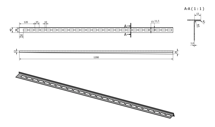Rysunek techniczny - Listwa spadkowa prawa, wysokość 12mm, długość 1200mm, stal nierdzewna mat