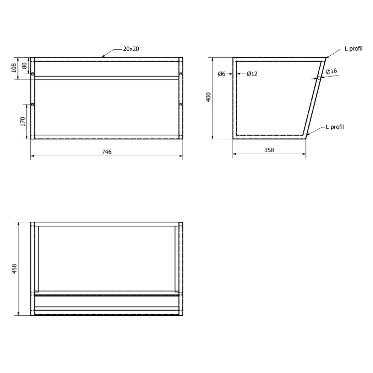 Rysunek techniczny - SKA konsola pod umywalkę z półką 750x400x460mm, biały mat