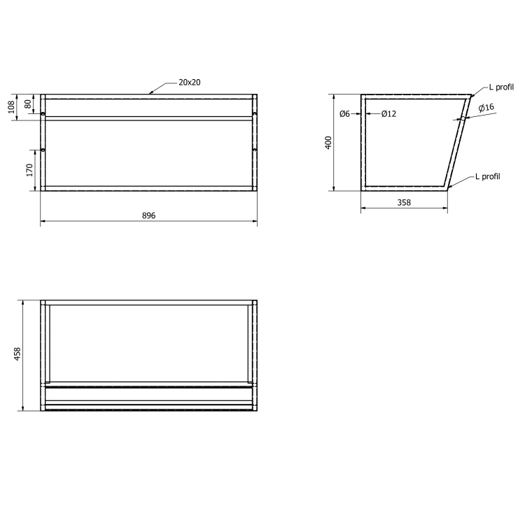 Rysunek techniczny - SKA konsola pod umywalkę z połką 900x400x460mm, biały mat