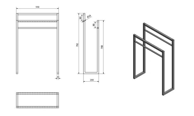 Rysunek techniczny - SKA Wieszak na ręczniki, 550x790x200mm, biały mat