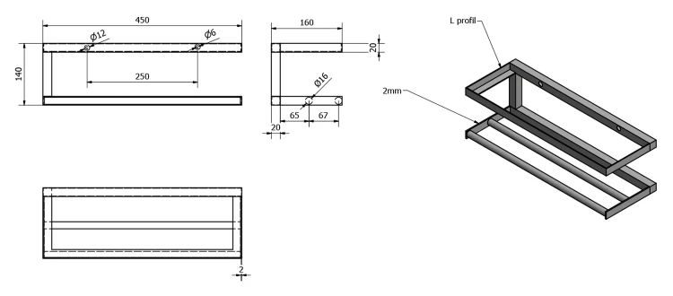 Rysunek techniczny - SKA półka ścienna z relingiem, 450x140x160mm, czarny mat