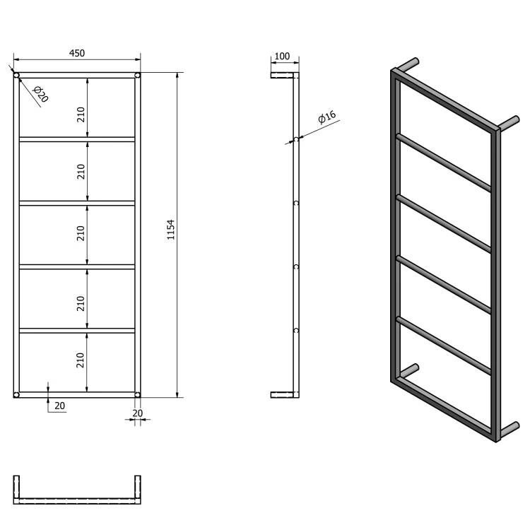 Rysunek techniczny - SKA ścienny wieszak na ręczniki 450x1150x100mm, czarny mat