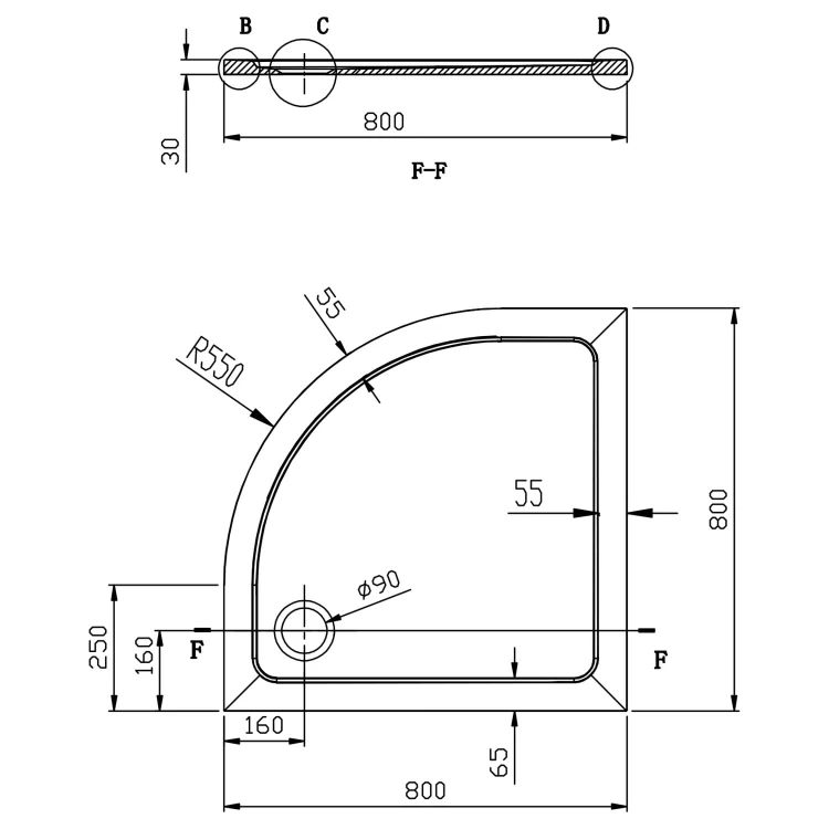 Rysunek techniczny - TECMI brodzik prysznicowy kompozytowy, półokrągły 80x80x3cm, R55