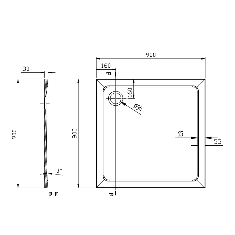 Rysunek techniczny - TECMI brodzik prysznicowy kompozytowy, 90x90cm, biały
