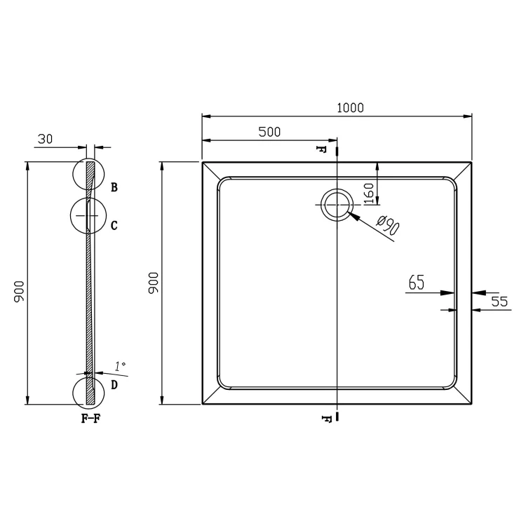 Rysunek techniczny - TECMI brodzik prysznicowy kompozytowy 100x90x3cm