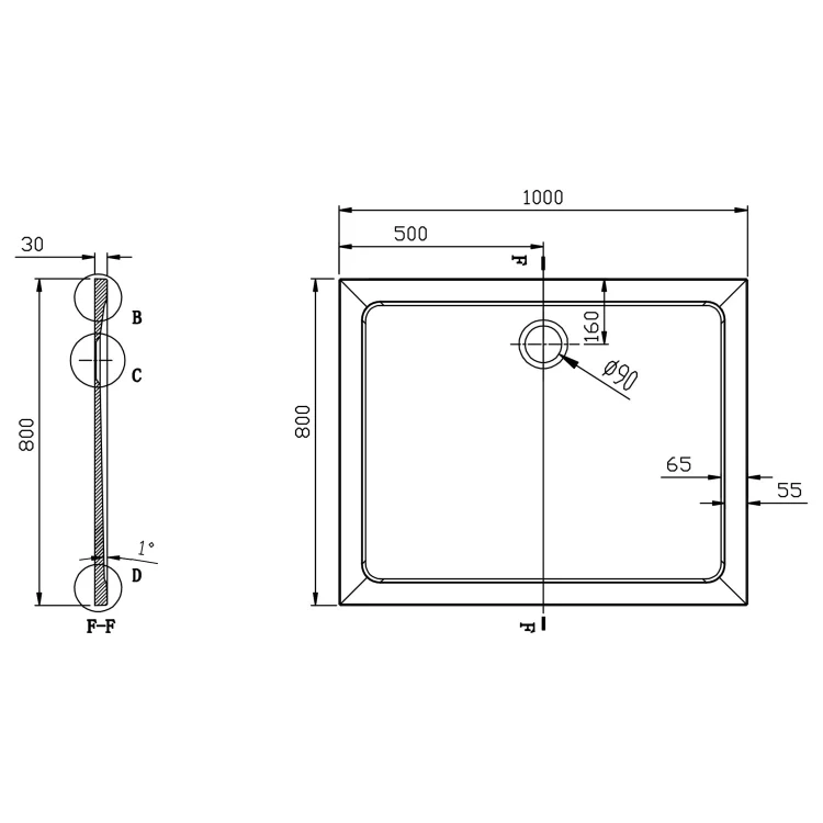 Rysunek techniczny - TECMI brodzik prysznicowy kompozytowy 100x80x3cm