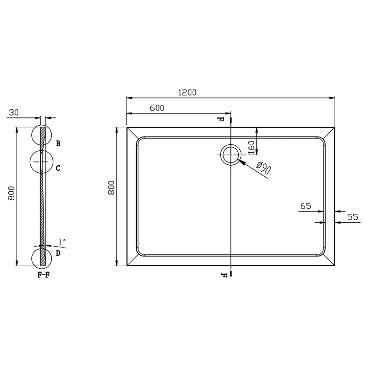 Rysunek techniczny - TECMI brodzik prysznicowy kompozytowy 120x80x3cm