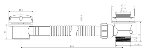 Rysunek techniczny - Zestaw wanowy, korek automatyczny, długość 600mm, mosiądz/chrom