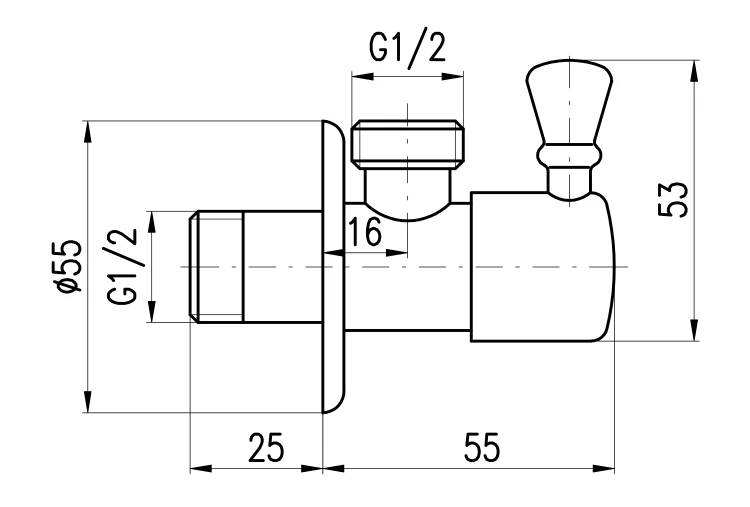 Rysunek techniczny - Zawór kątowy 1/2"x 1/2", brąz