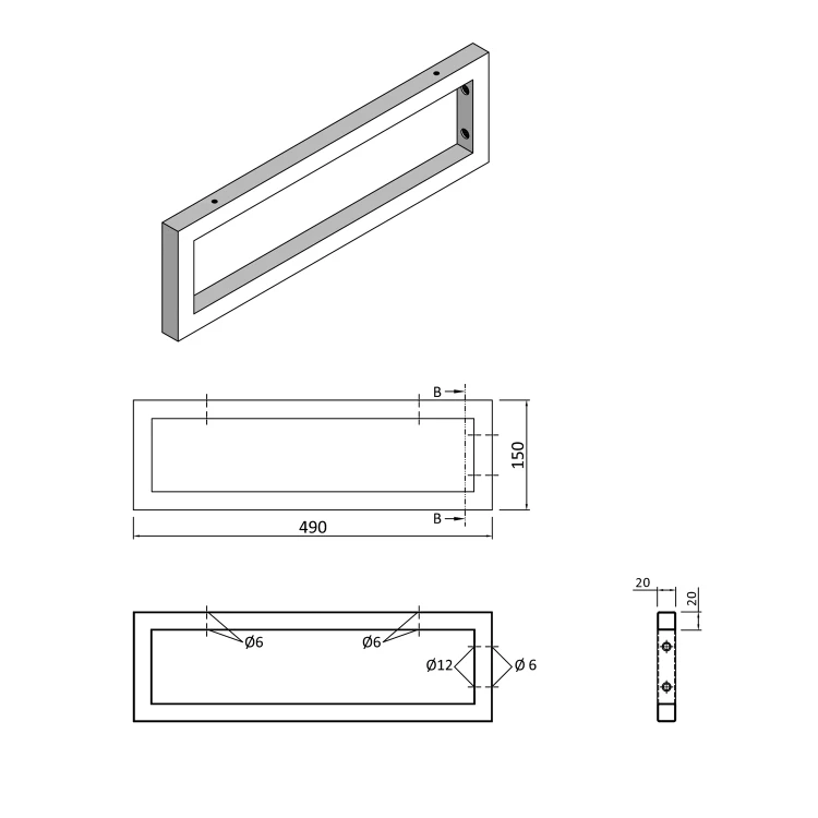 Rysunek techniczny - Wspornik 490x150x20mm, stal malowana, czarny mat