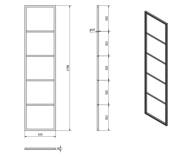 Rysunek techniczny - SKA stojący wieszak na ręczniki 420x1700x20mm, biały mat