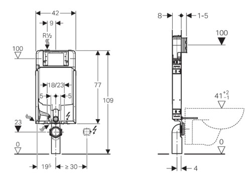 Rysunek techniczny - GEBERIT KOMBIFIX ECO spłuczka podtynkowa, Sigma 8cm, H 109cm