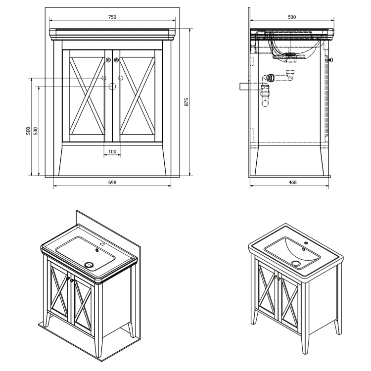 Rysunek techniczny - CROSS szafka umywalkowa 70x81x47cm, starobiała