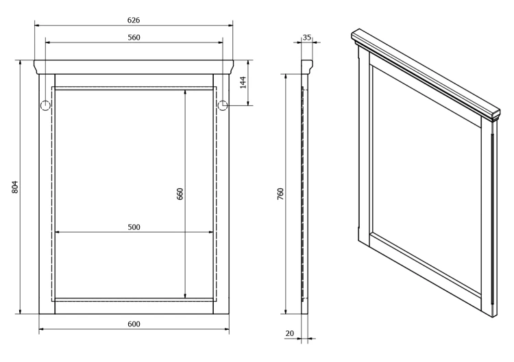 Rysunek techniczny - CROSS lustro w drewnianej ramie 60x80cm, starobiały