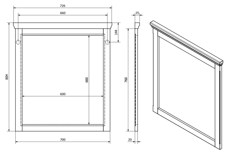 Rysunek techniczny - CROSS lustro w drewnianej ramie 70x80cm, starobiały