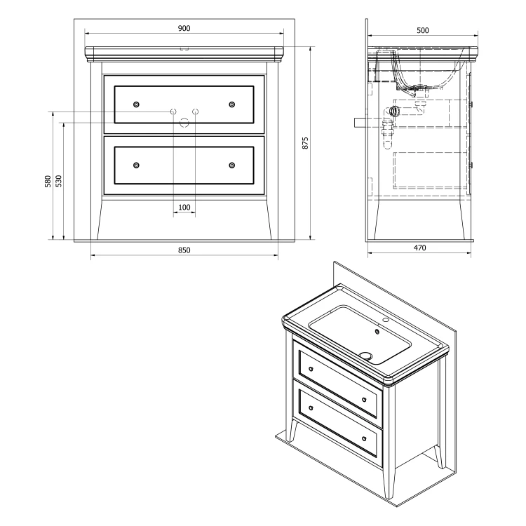 Rysunek techniczny - CROSS szafka umywalkowa 85x81x47cm, 2 szuflady, starobiała