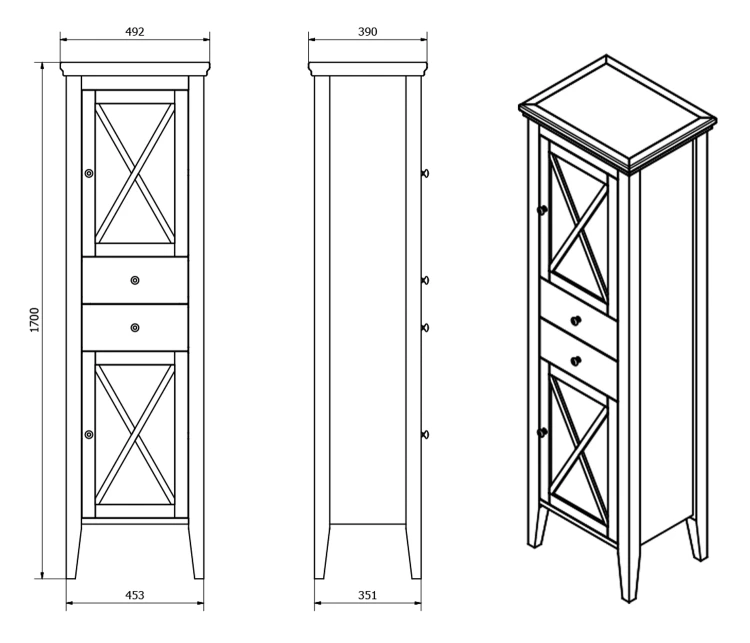Rysunek techniczny - CROSS szafka wysoka 49x170x39cm, prawa, starobiała