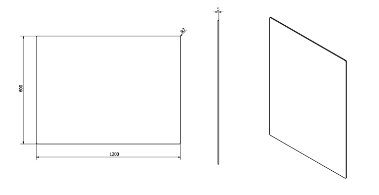 Rysunek techniczny - PLAIN lustro ze ściętą krawędzią 120x60cm, zaokrąglone rogi, CU free