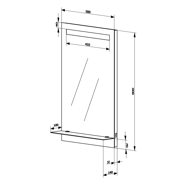 Rysunek techniczny - Lustro z oświetleniem LED i półką 50x80cm, wyłącznik