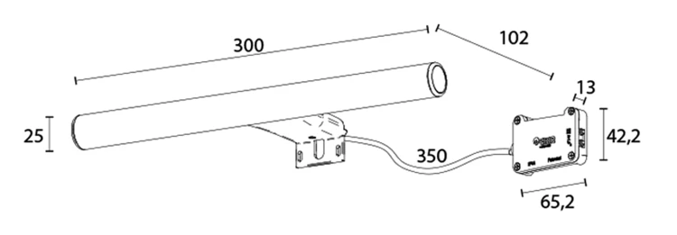 Rysunek techniczny - IRENE 2 oświetlenie LED, 7 W, 300x100x25 mm, IP44, chrom