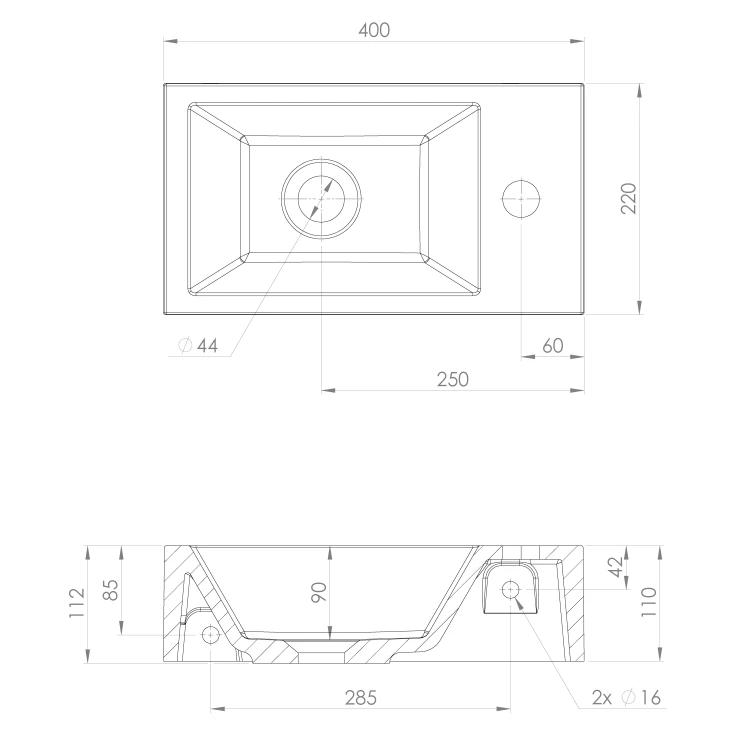 Rysunek techniczny - AMAROK umywalka kompozytowa 40x22cm, biała, bateria z prawej strony
