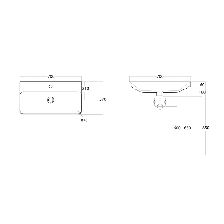 Rysunek techniczny - THALIE 70 umywalka meblowa 70x37cm, biała