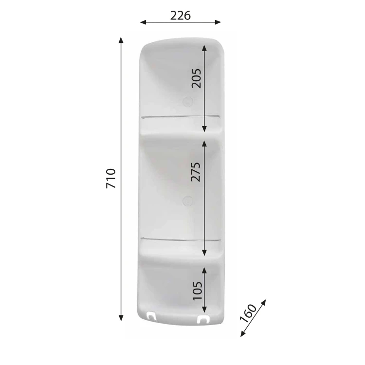 Rysunek techniczny - CAESAR półka narożna potrójna, 226x710x160 mm, ABS/biały