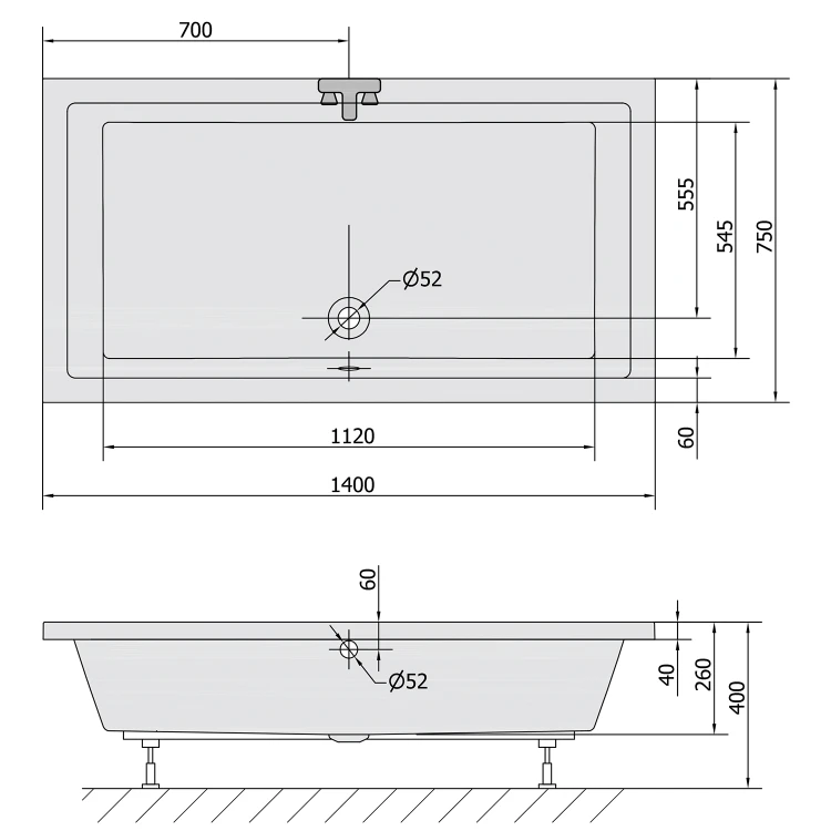 Rysunek techniczny - DEEP brodzik prysznicowy głęboki 140x75x26cm, biały